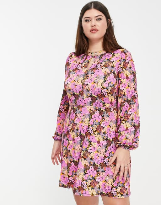 ASOS DESIGN Curve mini tea dress with volume sleeves in floral print, 2 of 4