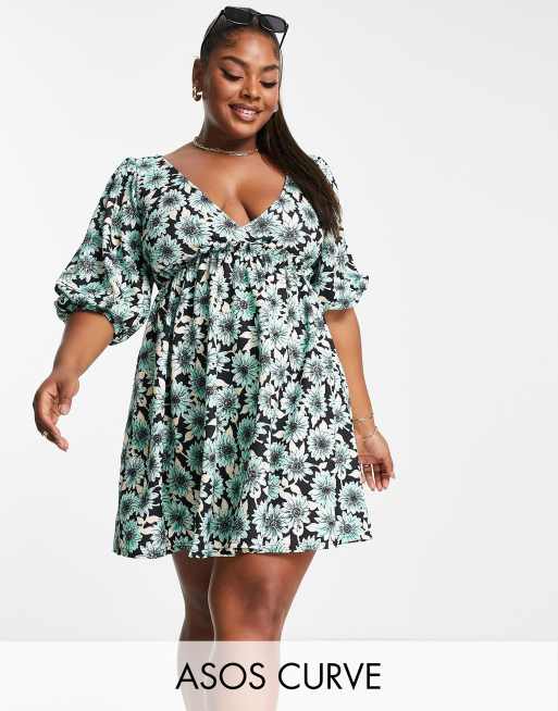 ASOS DESIGN Curve mini textured frill smock dress in aqua daisy floral ...