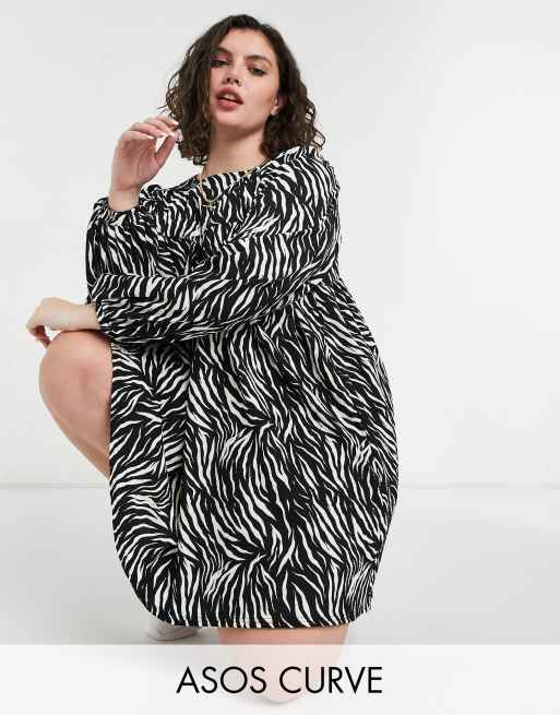 ASOS DESIGN Curve mini textured smock dress with long sleeves in zebra print