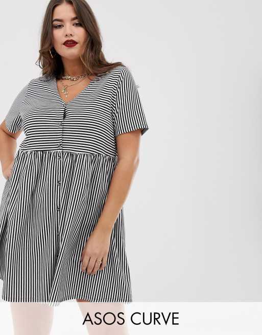 Asos design mini v neck 2025 button through smock dress in stripe