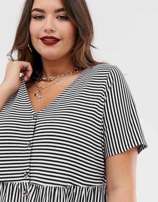 Asos design mini v neck shop button through smock dress in stripe