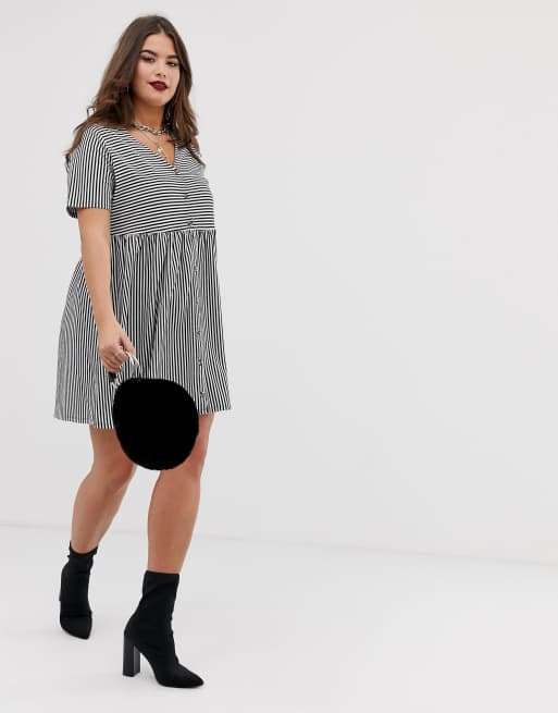 Asos design mini v neck shop button through smock dress in stripe