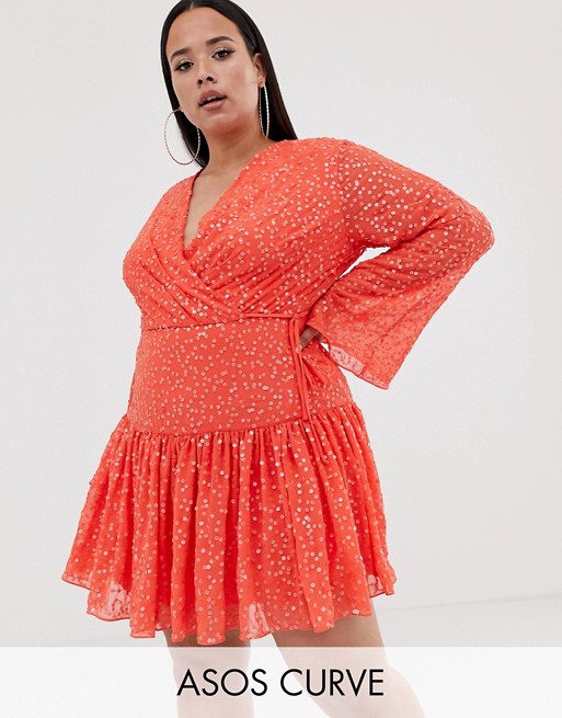 ASOS DESIGN Curve mini wrap dress in all over sequin and flippy skirt