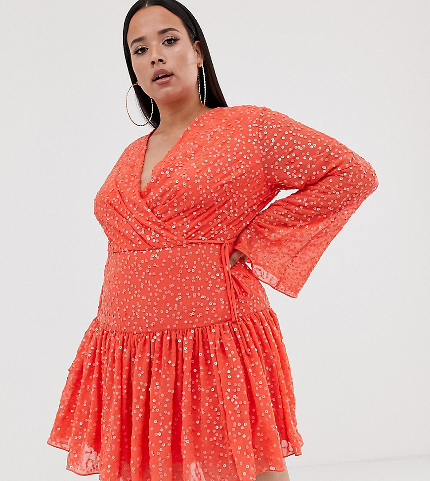 ASOS DESIGN Curve mini wrap dress in all over sequin and flippy skirt-Orange