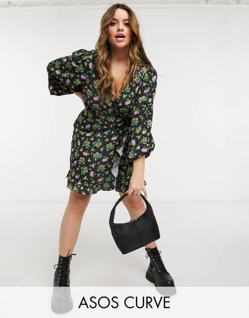 ASOS DESIGN Curve mini wrap dress with balloon sleeves in dark based floral