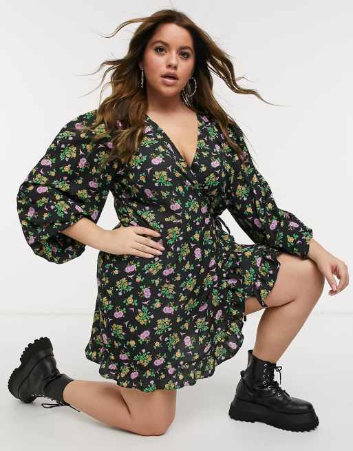ASOS DESIGN Curve mini wrap dress with balloon sleeves in dark