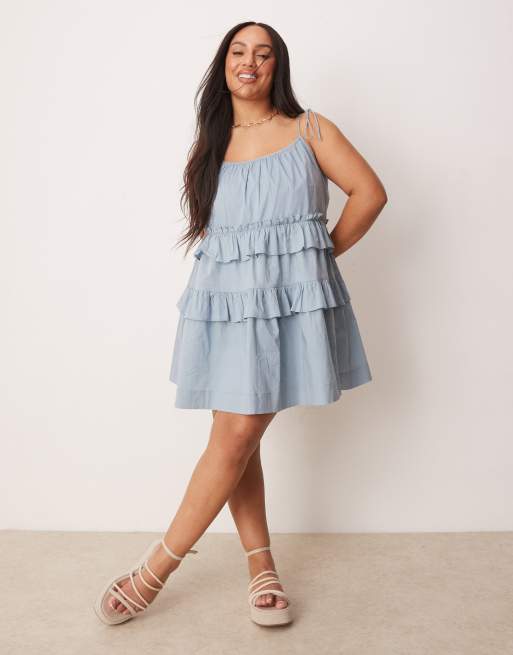 ASOS DESIGN Curve - Mini-zonnejurk met ruches en stroken in rokerig blauw, 2 van 4