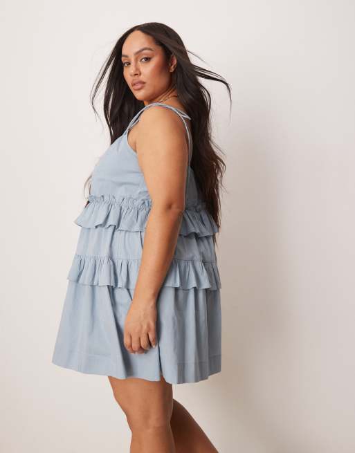 ASOS DESIGN Curve - Mini-zonnejurk met ruches en stroken in rokerig blauw, 4 van 4