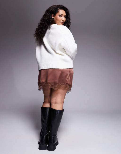 ASOS DESIGN Curve - Minigonna color cioccolato con finiture in pizzo, 2 di 5