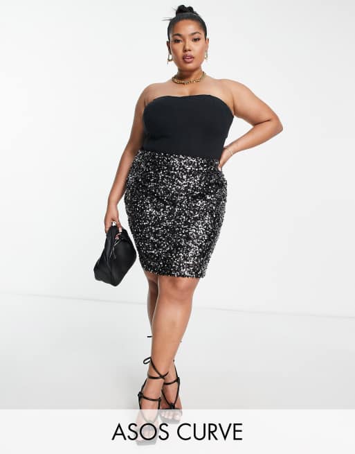 ASOS DESIGN Curve - Minigonna con paillettes, colore nero