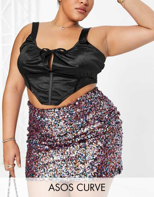 ASOS DESIGN Curve - Minigonna in paillettes rosa multicolore