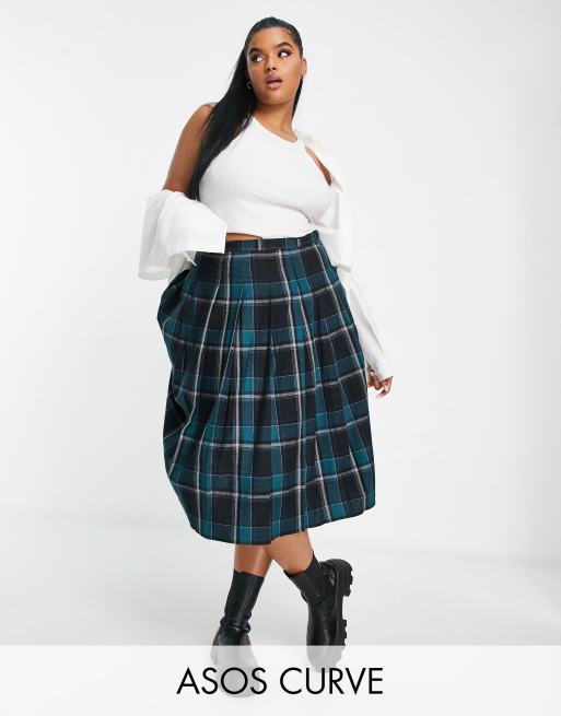 ASOS DESIGN Curve - Minigonna stile kilt a pieghe verde a quadri 