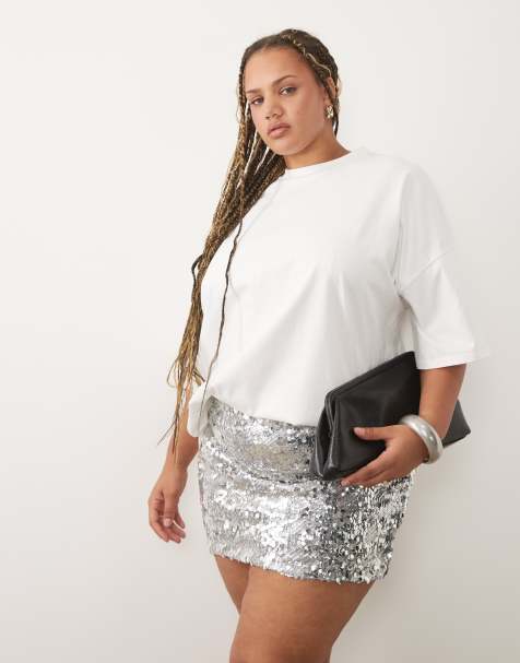 ASOS DESIGN Curve minikjol med blandade paljetter i silver - view 1