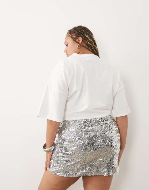 ASOS DESIGN Curve minikjol med blandade paljetter i silver, 3 av 5