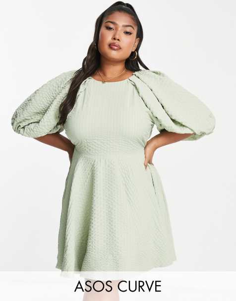 ASOS DESIGN Curve - Minikjole med åben ryg og pufærmer i salviegrøn med tekstur - view 1