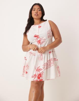 ASOS DESIGN Curve - Minikjole med bred halsudskæring, knapper, sænket talje og rødt blomstermønster - view 1