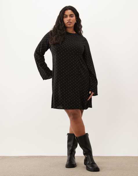 ASOS DESIGN Curve minikjole med lange ærmer i sort-hvidt prikmønster - view 1