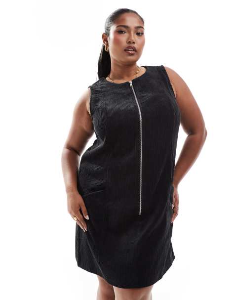 ASOS DESIGN Curve – Minikleid aus Cord in Schwarz mit durchgehendem Reißverschluss - view 1