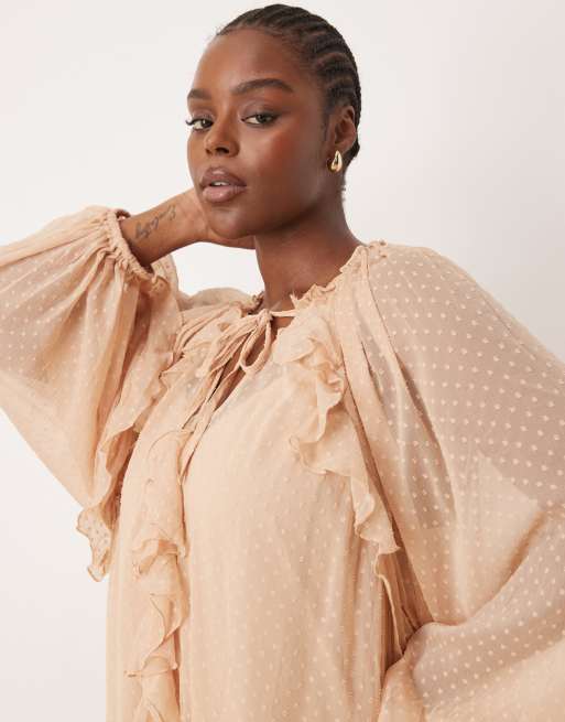 ASOS DESIGN Curve Minikleid aus Dobby Chiffon in Pfirsich mit Ruschen und Blousonarmeln