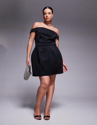 ASOS DESIGN Curve - Minikleid aus Material in Neopren-Optik in Schwarz mit umgeschlagenem Carmen-Ausschnitt