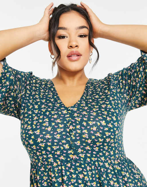 ASOS DESIGN Curve – Minikleid in Dunkelgrün mit Blumenmuster, 3 von 4