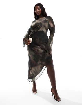 ASOS DESIGN Curve - Minikleid in Grün mit asymmetrischem Saum, U-Boot-Ausschnitt und Print-Bunt