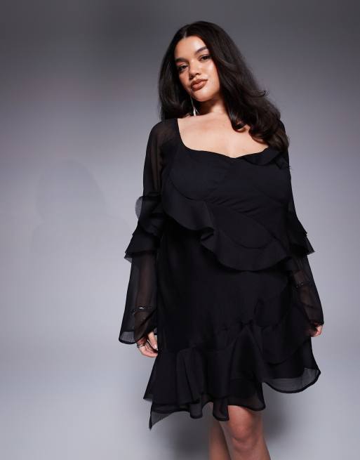 ASOS DESIGN Curve – Minikleid in Schwarz mit ausgestellten Ärmeln und Rüschen , 2 von 4