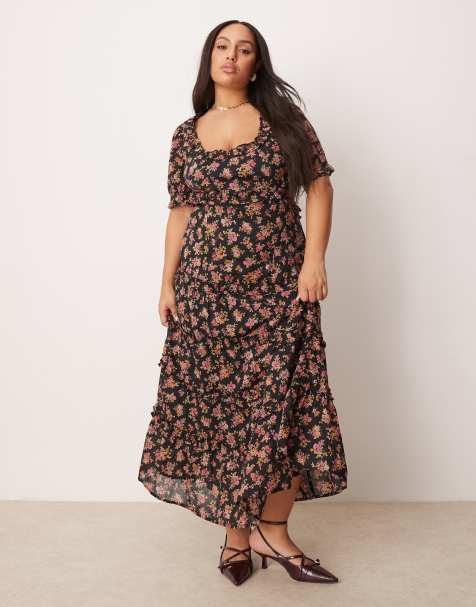 ASOS DESIGN Curve – Minikleid mit herzförmigem Ausschnitt, Cut-Outs und Blumenmuster auf schwarzem Untergrund - view 1