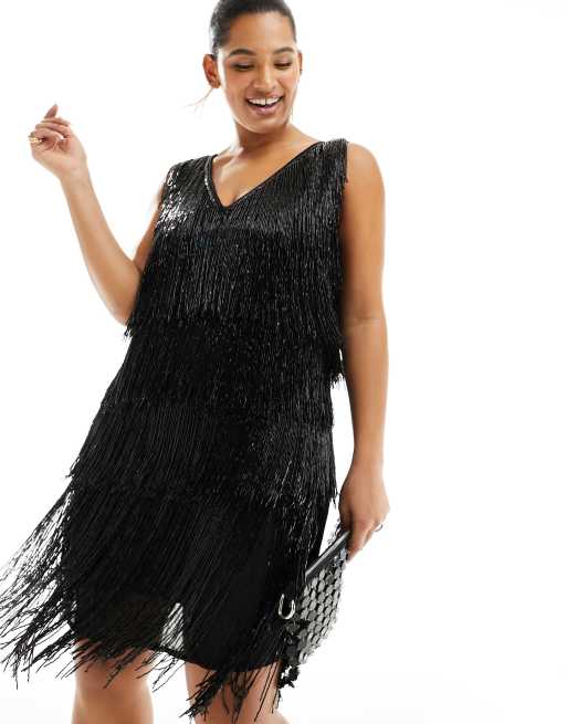 ASOS DESIGN Curve – Minikleid mit verzierten Fransen in Schwarz