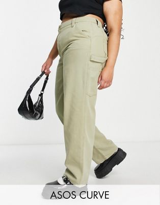 ASOS DESIGN Curve minimal cargo trouser in khaki with contrast stitching - ASOS Price Checker