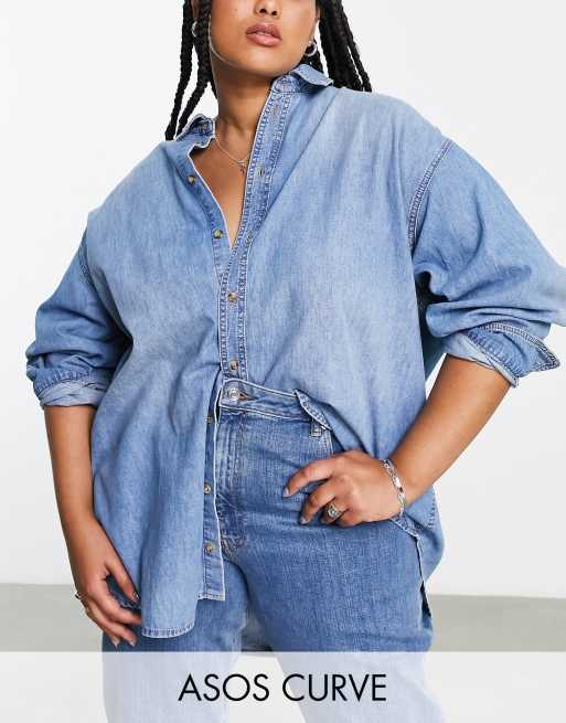 ASOS DESIGN Curve - Minimalistisch denim overhemd met wassing in blauw