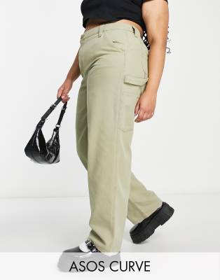 ASOS DESIGN Curve - Minimalistische Cargohose in Khaki mit Kontrastnähten-Grün