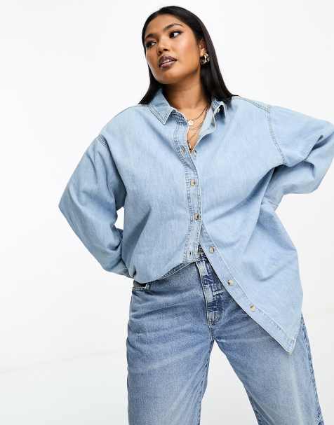 ASOS DESIGN Curve – Minimalistisches Jeanshemd in verwaschenem Hellblau - view 1