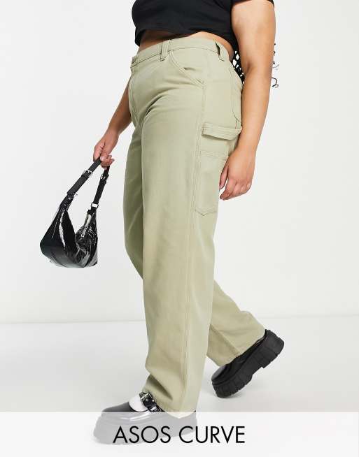 ASOS DESIGN Curve - Minimalistiske kakifarvede cargobukser med kontrastsyninger