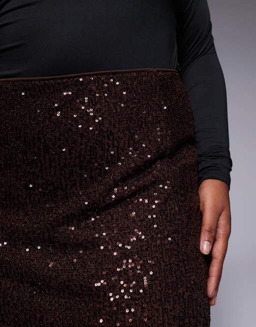 ASOS DESIGN Curve – Minirock in Schokobraun mit durchgehendem Paillettenbesatz, 3 von 5
