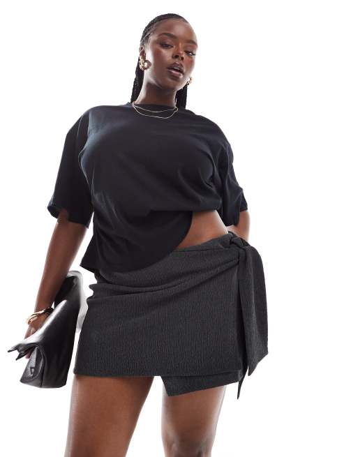 ASOS DESIGN Curve – Minirock in Schwarz mit Struktur und Bindedetail