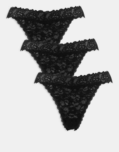 ASOS DESIGN Curve Minnie 3 pack all over lace thong in black - view 1