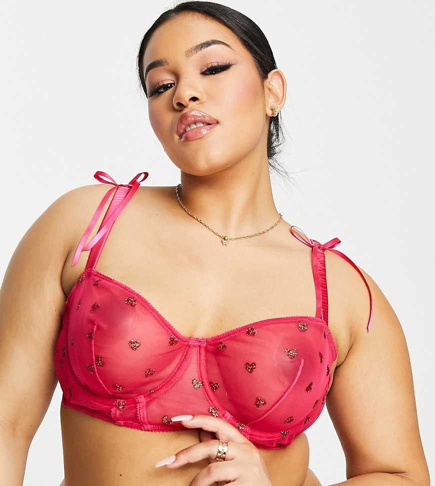 ASOS DESIGN Curve Minnie corset with glitter hearts in hot pink