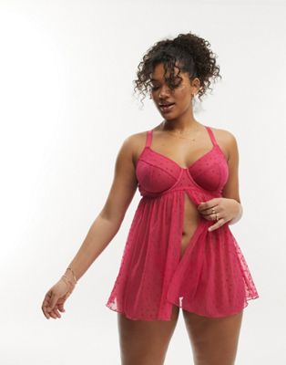 ASOS DESIGN Curve Minnie heart mesh underwired babydoll thong set in pink