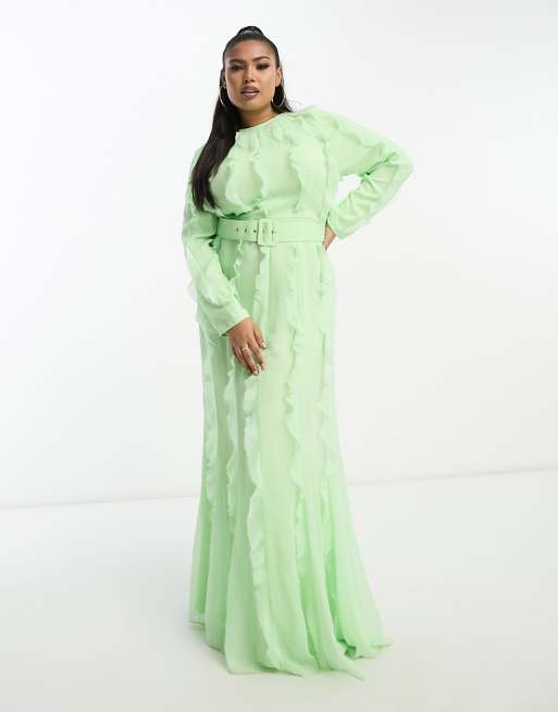 ASOS DESIGN Curve - Mint langærmet maxikjole med flæser
