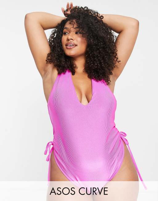 ASOS DESIGN Curve mirror satin rib adjustable leg halter swimsuit in bright pink