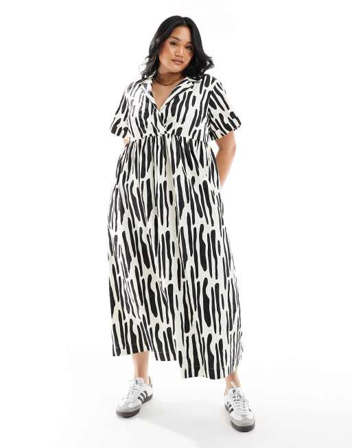 ASOS DESIGN Curve – Mittellanges Hänger-Hemdkleid in Schwarz-Weiß mit Reverskragen und abstraktem Muster