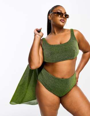 ASOS DESIGN Curve - Mix and Match - Bikinihose in glitzerndem Grün mit hohem Bund