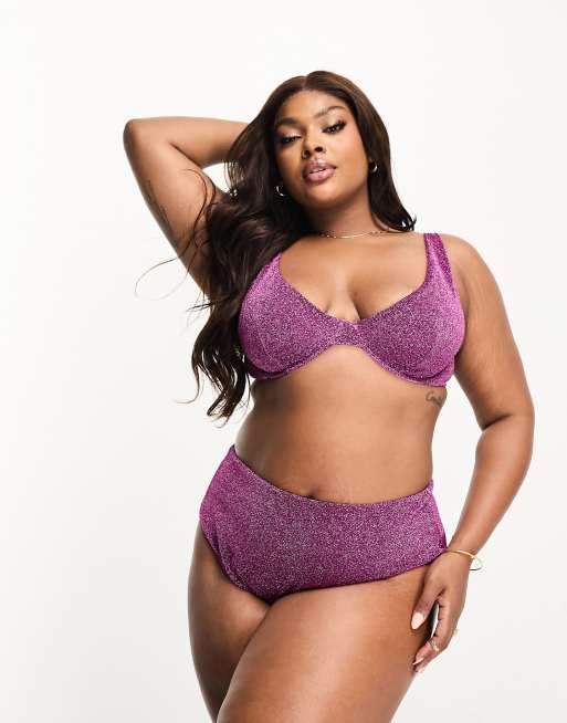 ASOS DESIGN Curve Mix and Match Bikinihose in Glitzerrosa mit hohem Bund ASOS