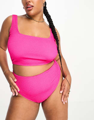 ASOS DESIGN Curve - Mix and Match - Bikinihose in Pink mit hohem Beinausschnitt, hohem Bund und Knitteroptik-Rosa