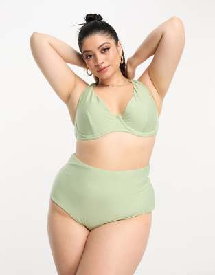 ASOS DESIGN Curve - Mix and Match - Bikinihose in Salbeigrün mit hohem Bund