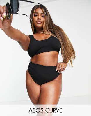 ASOS DESIGN Curve - Mix and Match - Bikinihose in Schwarz mit Knitterstruktur, hohem Beinausschnitt und hohem Bund