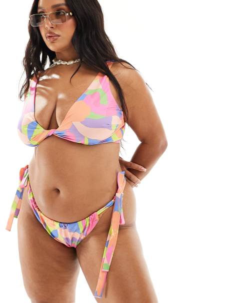 ASOS DESIGN Curve – Mix and Match – Bikinihose mit abstraktem Blumenmuster und seitlichem Bindedetail - view 1