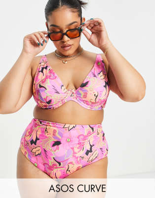 ASOS DESIGN Curve - Mix and Match - Bikinihose mit hohem Bund und auffälligem Blumenmuster-Bunt