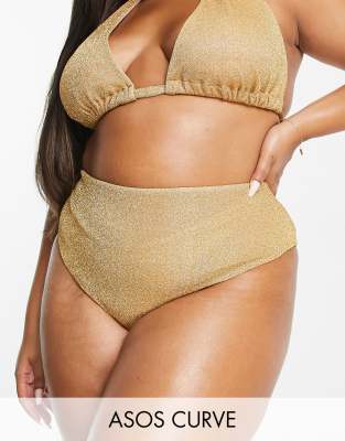 ASOS DESIGN Curve - Mix and Match - Bikinihose mit hoher Taille in Gold glitzernd-Goldfarben